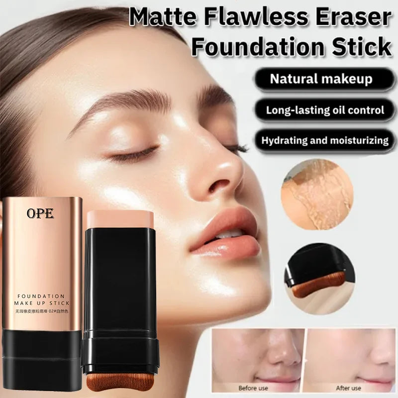 Full coverage light foundation make-up stick (with brush head), lasting moisturizing, waterproof, natural makeup, cream texture