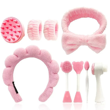 9-piece beauty makeup set, makeup kit, including a four-piece headband set, face wash and massage tools, etc.